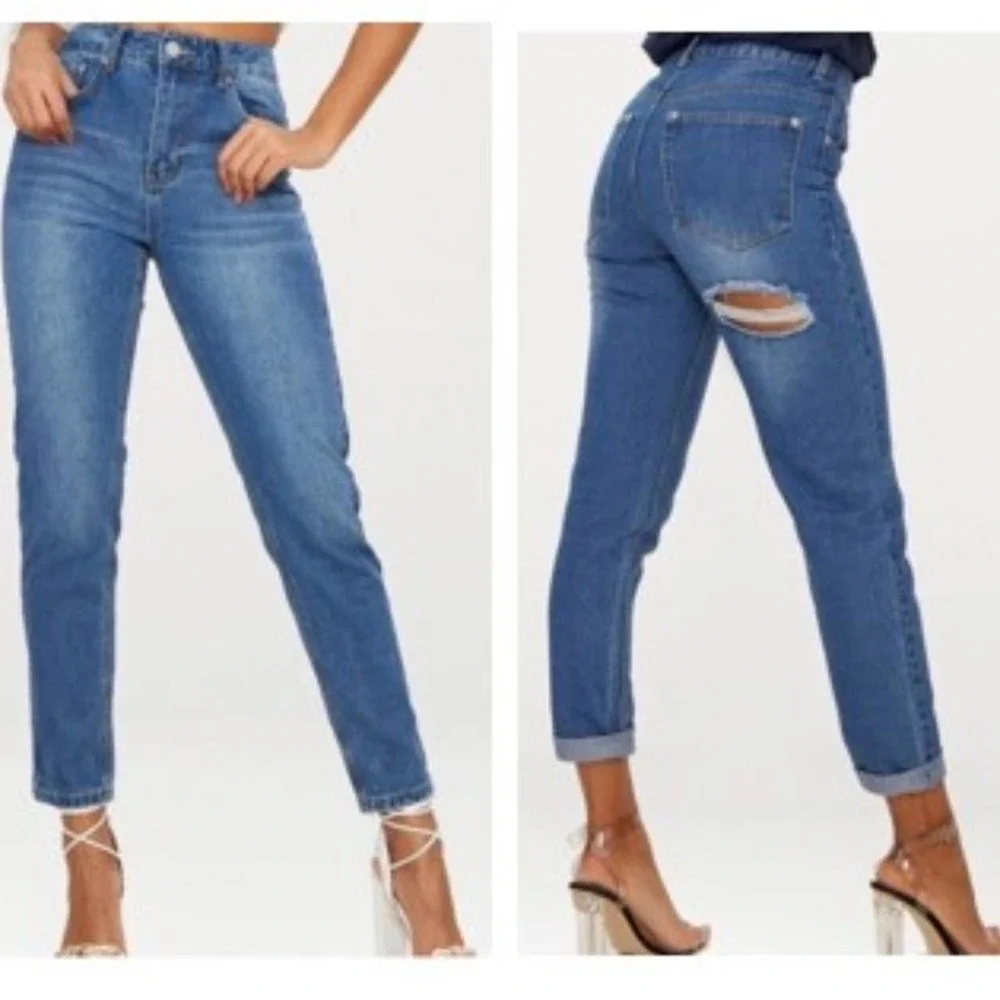 Pretty Little Thing Cheeky Jeans Size 12 Ripped DARK BLUE Bum Mid Wash Skinny - Picture 1 of 6
